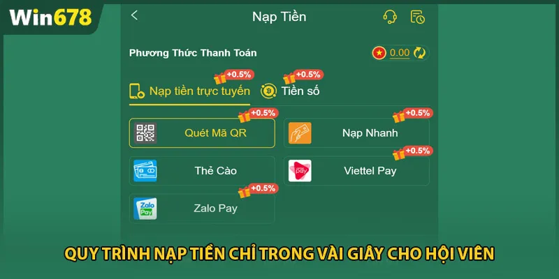 Quy trình nạp tiền chỉ trong vài giây cho hội viên